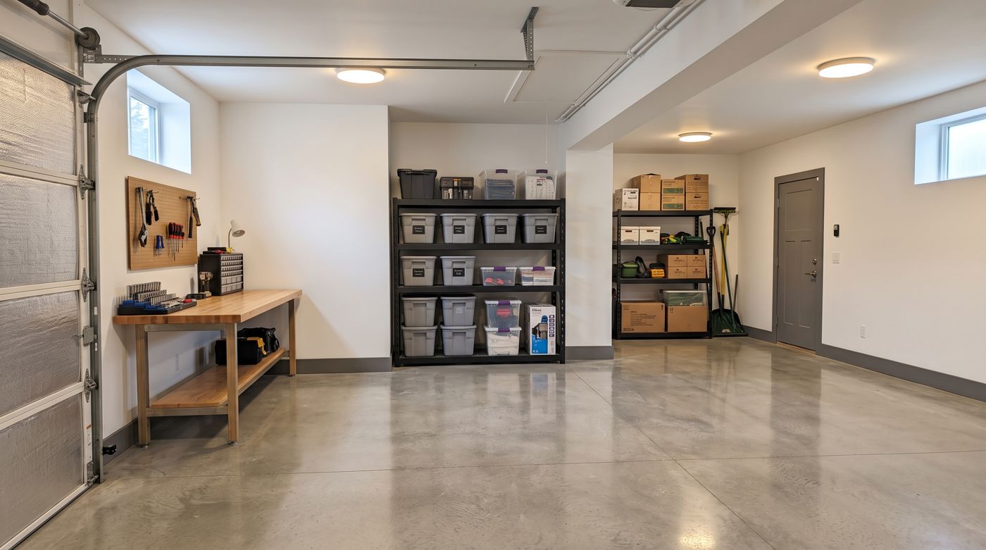 Bright garage with a polished concrete floor