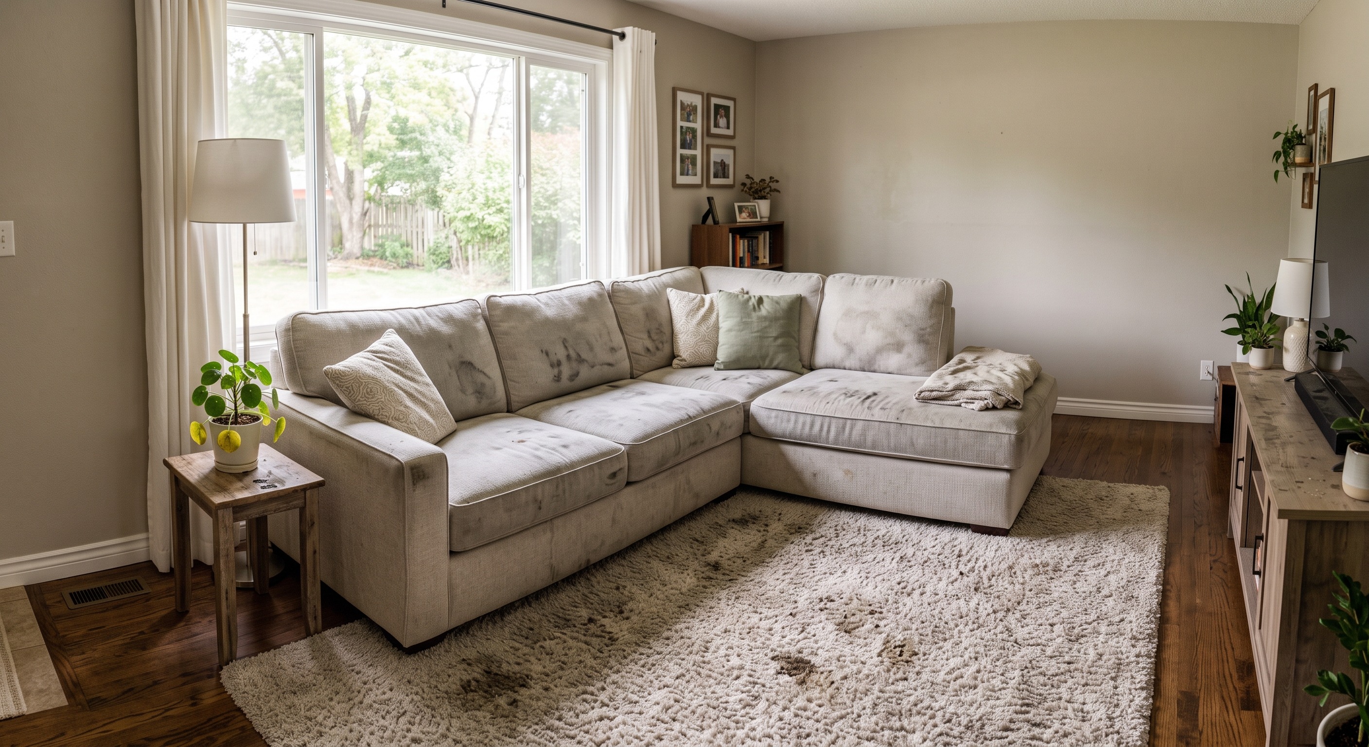 Before cleaning, sectional sofa