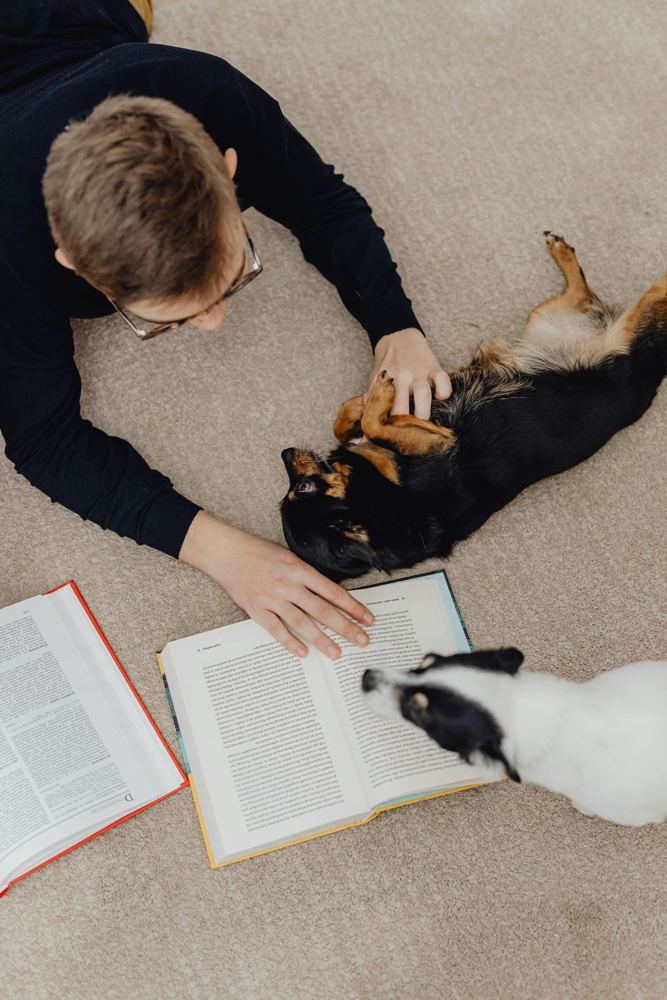 Child reading on the carpet next to a dog